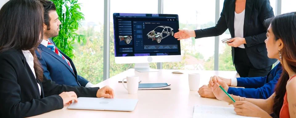 Electric car design software on computer screen show simulation blueprint snugly Foto stock