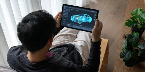 Electric car design software on computer screen show simulation blueprint snugly Stock-Fotos