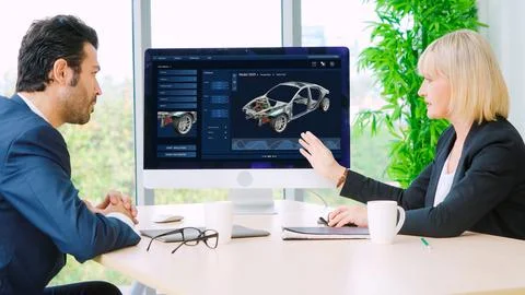 Electric car design software on computer screen show simulation blueprint snugly Stock Photos