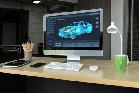Electric car design software on computer screen show simulation blueprint snugly Stock Photos