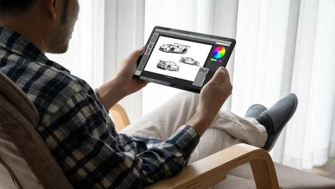 Electric car design software on computer screen show simulation blueprint snugly Stock Photos