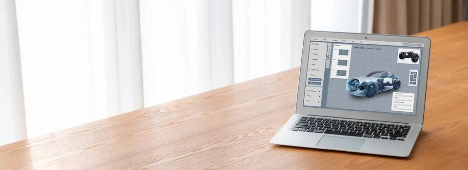 Electric car design software on computer screen show simulation blueprint snugly Fotos de archivo