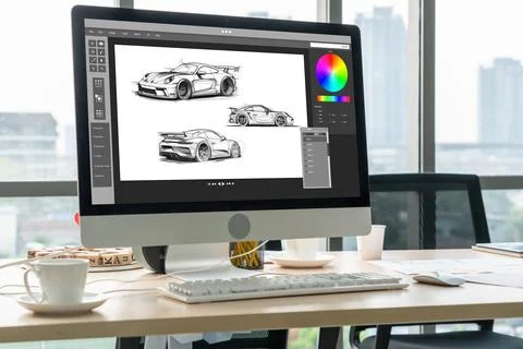Electric car design software on computer screen show simulation blueprint snugly Stock Photos