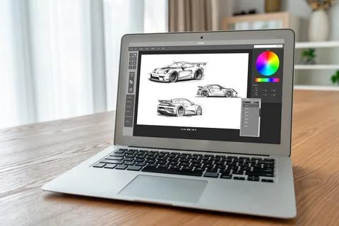 Electric car design software on computer screen show simulation blueprint snugly Fotos de archivo