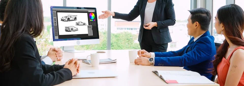 Electric car design software on computer screen show simulation blueprint snugly Stock Photos