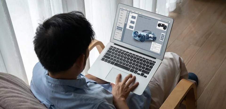 Electric car design software on computer screen show simulation blueprint snugly Stock Photos