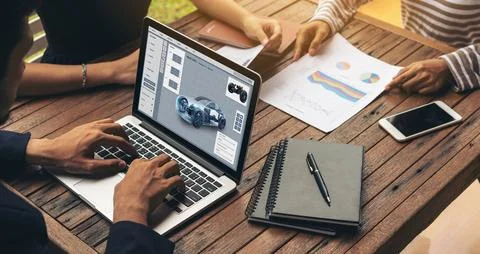 Electric car design software on computer screen show simulation blueprint snugly Foto stock