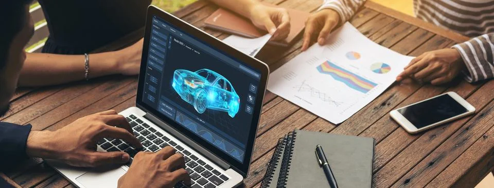 Electric car design software on computer screen show simulation blueprint snugly Stock Photos