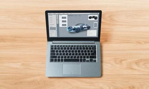 Electric car design software on computer screen show simulation blueprint snugly Stock-Fotos