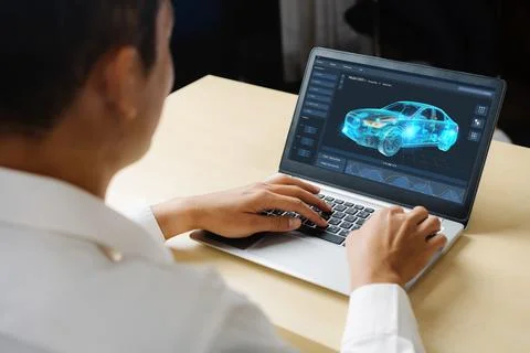 Electric car design software on computer screen show simulation blueprint snugly Stock Photos