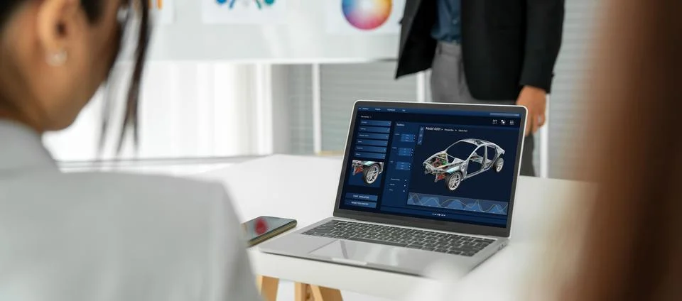 Electric car design software on computer screen show simulation blueprint snugly Stock Photos