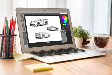 Electric car design software on computer screen show simulation blueprint snugly Stock Photos