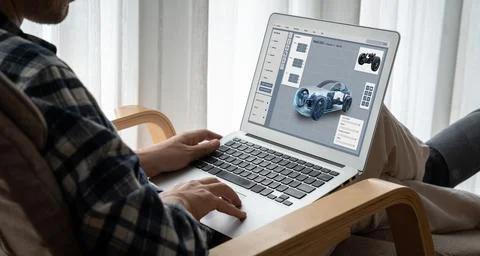 Electric car design software on computer screen show simulation blueprint snugly Fotos de archivo