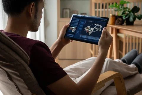 Electric car design software on computer screen show simulation blueprint snugly Stock Photos