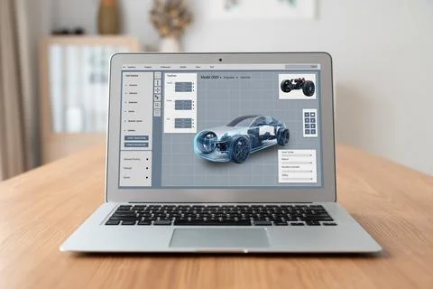 Electric car design software on computer screen show simulation blueprint snugly Foto stock