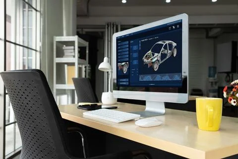 Electric car design software on computer screen show simulation blueprint snugly Stock Photos