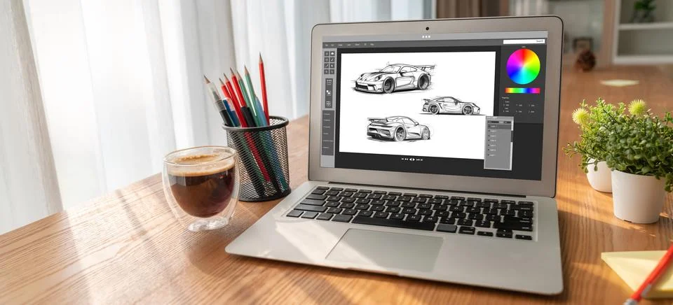 Electric car design software on computer screen show simulation blueprint snugly Stock-Fotos