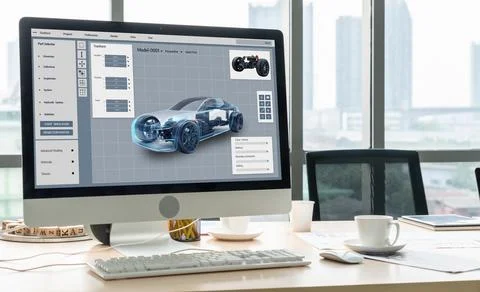 Electric car design software on computer screen show simulation blueprint snugly Stock Photos