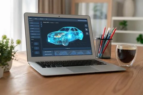 Electric car design software on computer screen show simulation blueprint snugly Foto stock