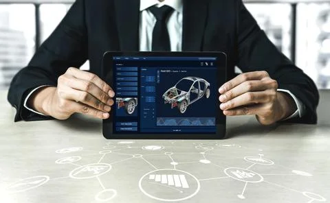 Electric car design software on computer screen show simulation blueprint snugly 스톡 사진