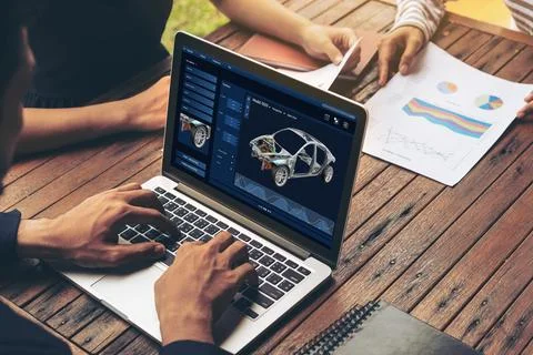 Electric car design software on computer screen show simulation blueprint snugly 写真素材