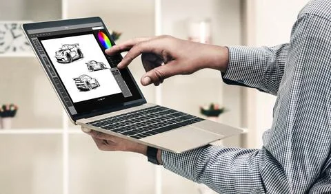 Electric car design software on computer screen show simulation blueprint snugly Stock-Fotos