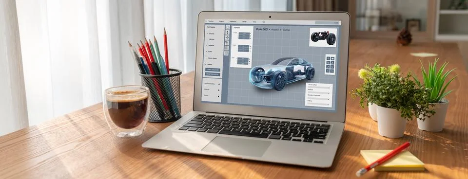 Electric car design software on computer screen show simulation blueprint snugly Stock-Fotos