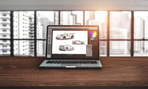 Electric car design software on computer screen show simulation blueprint snugly Stock Photos