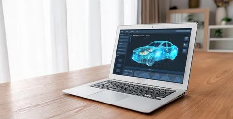 Electric car design software on computer screen show simulation blueprint snugly Foto stock