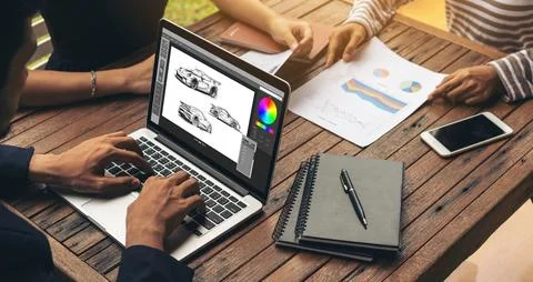 Electric car design software on computer screen show simulation blueprint snugly Stock Photos