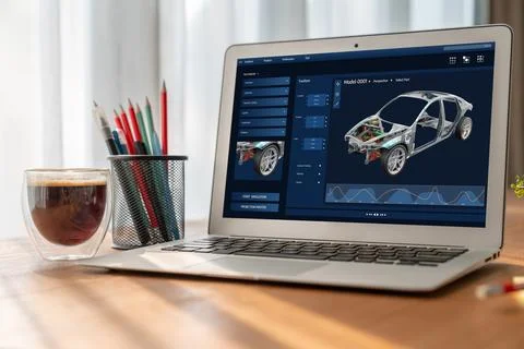 Electric car design software on computer screen show simulation blueprint snugly Stock Photos