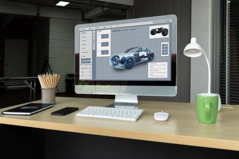 Electric car design software on computer screen show simulation blueprint snugly Stock Photos