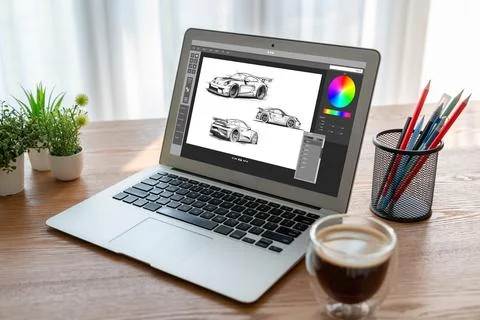 Electric car design software on computer screen show simulation blueprint snugly Fotos de archivo