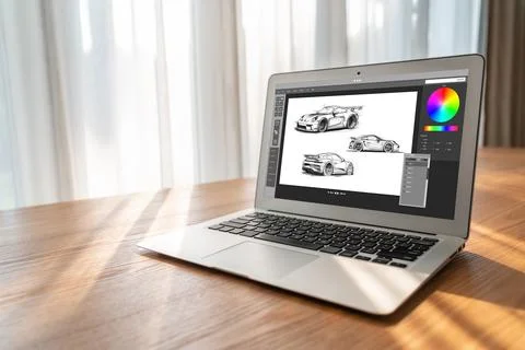 Electric car design software on computer screen show simulation blueprint snugly Foto stock