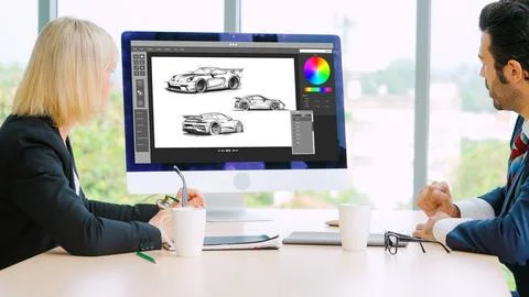 Electric car design software on computer screen show simulation blueprint snugly 写真素材