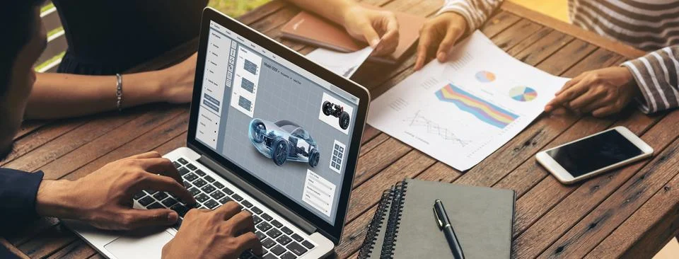 Electric car design software on computer screen show simulation blueprint snugly 写真素材
