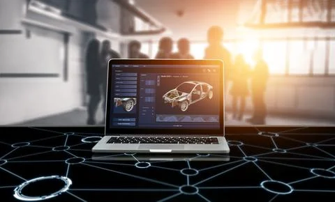 Electric car design software on computer screen show simulation blueprint snugly Stock-Fotos