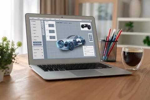 Electric car design software on computer screen show simulation blueprint snugly Stock Photos