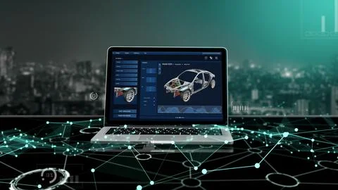 Electric car design software on computer screen show simulation blueprint snugly Fotos de archivo