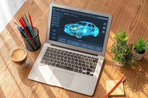 Electric car design software on computer screen show simulation blueprint snugly Foto stock