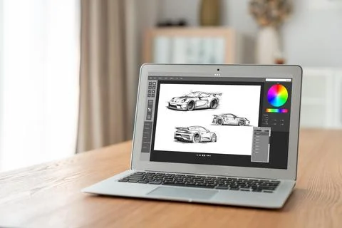 Electric car design software on computer screen show simulation blueprint snugly Stock Photos