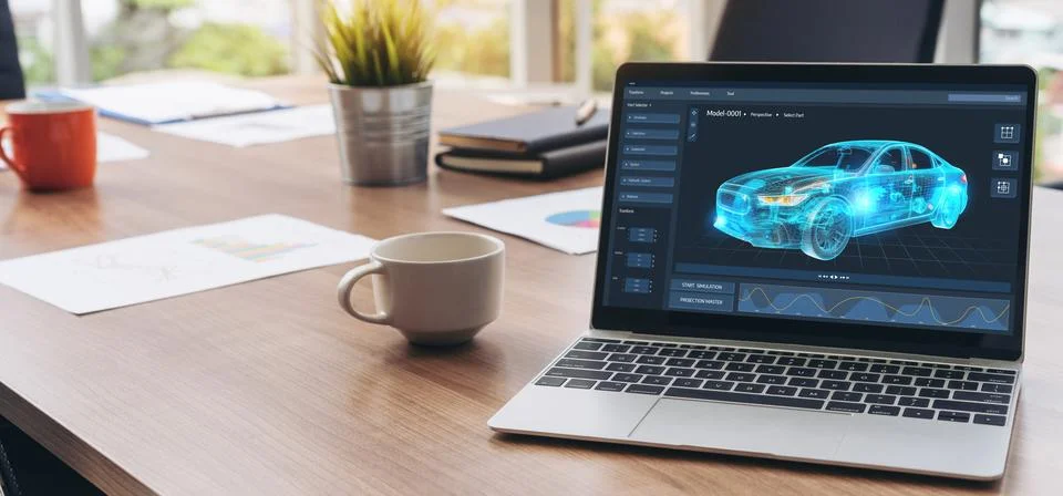 Electric car design software on computer screen show simulation blueprint snugly Stock-Fotos