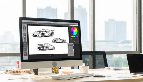 Electric car design software on computer screen show simulation blueprint snugly Foto stock