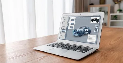 Electric car design software on computer screen show simulation blueprint snugly Stock Photos