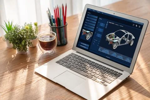 Electric car design software on computer screen show simulation blueprint snugly Stock Photos
