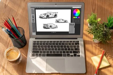 Electric car design software on computer screen show simulation blueprint snugly Stock Photos
