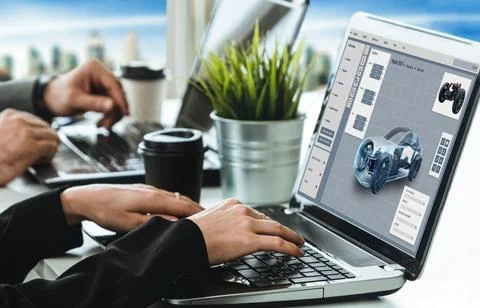 Electric car design software on computer screen show simulation blueprint snugly Stock Photos