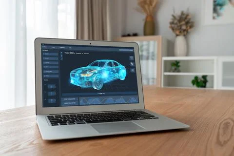 Electric car design software on computer screen show simulation blueprint snugly Stock Photos
