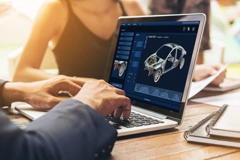 Electric car design software on computer screen show simulation blueprint snugly Stock Photos