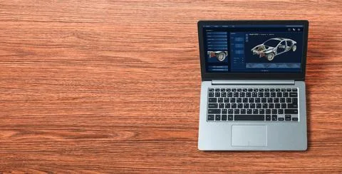 Electric car design software on computer screen show simulation blueprint snugly Stock Photos